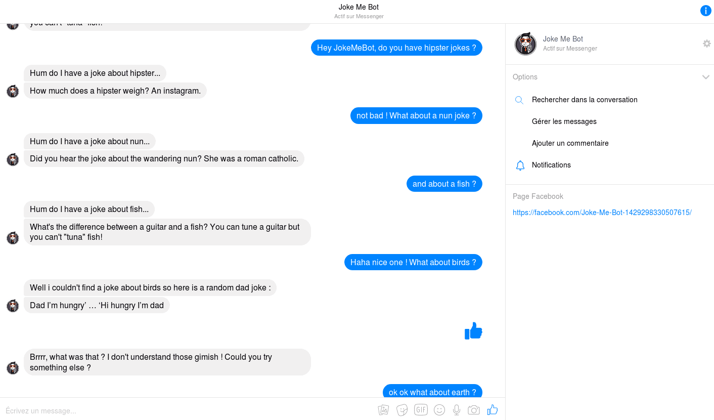 Screenshot of joke me bot conversation in messenger