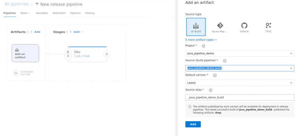 Azure Devops add an artifact to your pipeline screenshot