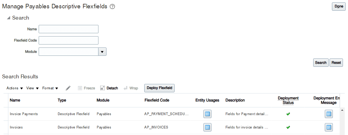 Screenshot of Manage Payables Descriptive Flexfields