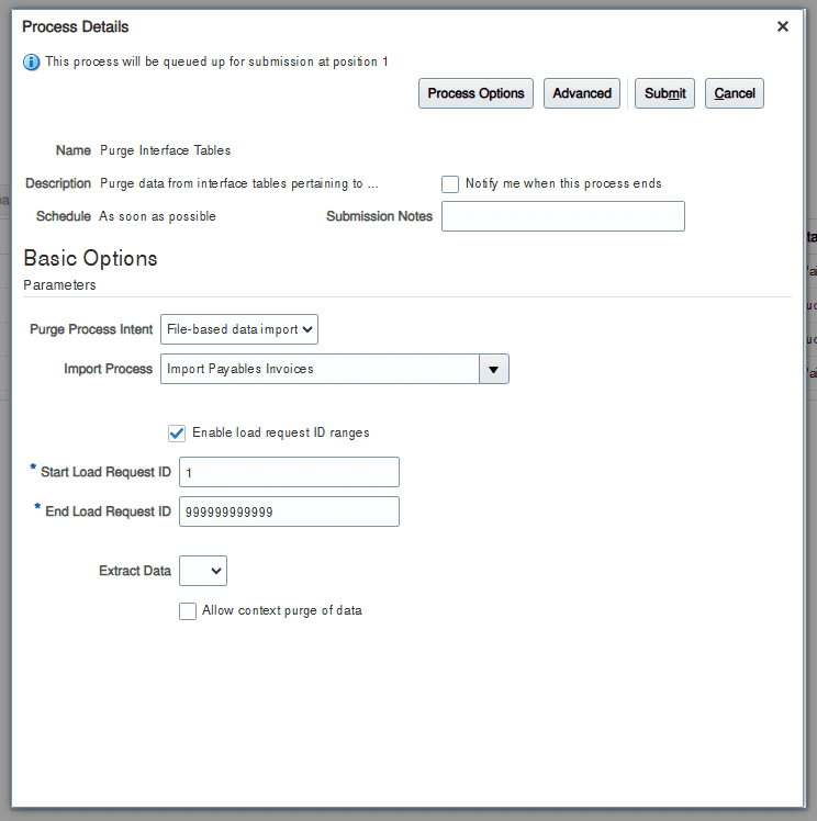 Screenshots Purge Payable Invoices in Oracle Cloud ERP